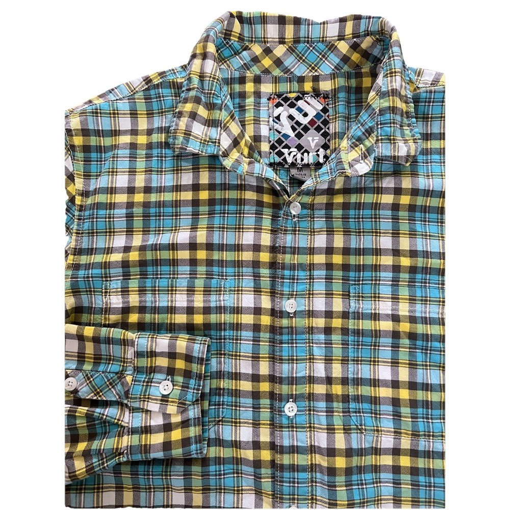 Vtg VURT Medium Blue Yellow Plaid Flannel L/S  Button Up Shirt Y2K Skater Grunge